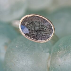 Sz 8 East West Sterling Silver & Rutilated Quartz ring